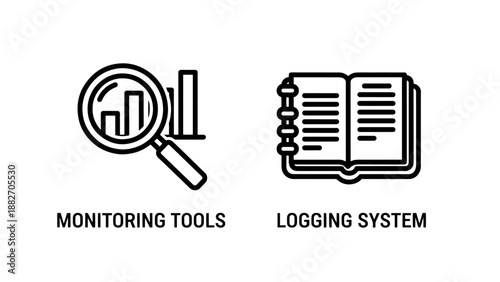 Monitoring Tools and Logging System Icons for IT Infrastructure Surveillance, Data Auditing, and System Troubleshooting
