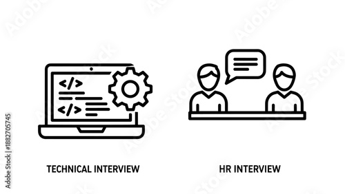 Technical and HR Interview Icons Representing Job Recruitment and Coding Skill Evaluation