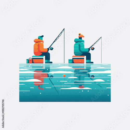 winter fishing scene with two colorful flat vector characters