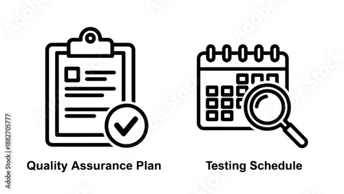 Quality Assurance Plan Clipboard and Testing Schedule Calendar Icons with Magnifying Glass, Business Process Improvement and Compliance Graphics