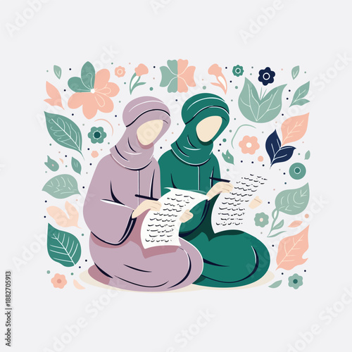 colorful flat vector characters with poetry scrolls and floral motifs