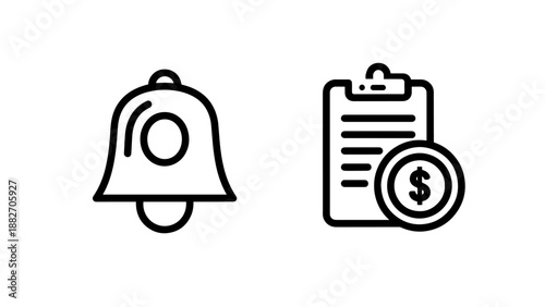 Notification Bell Alert and Financial Payment Clipboard Billing Icons