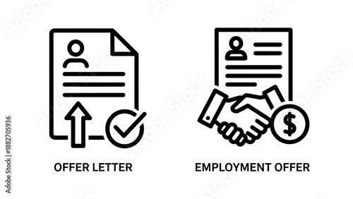 Human Resources Offer Letter and Employment Handshake Contract Icons