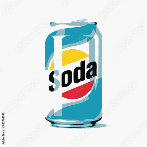 Soda can with colorful design.