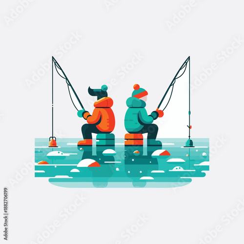 flat vector illustration of two figures ice fishing on frozen lake