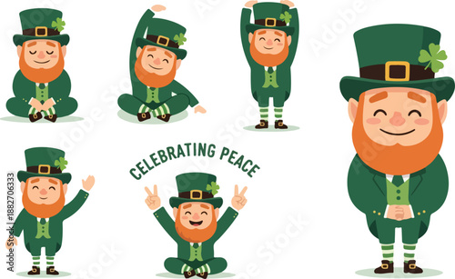 Happy leprechaun poses celebrating peace with transparent background