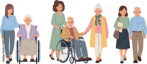 Elderly people with caregivers walking together