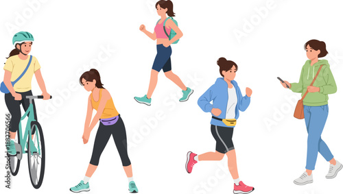 Active women exercising biking running with transparent background