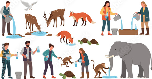 Animal care workers providing water to wildlife