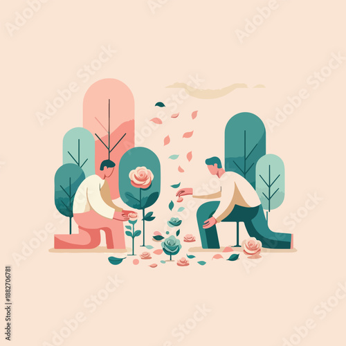 flat vector illustration of two figures harvesting roses