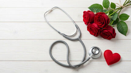 Stethoscope, vibrant red roses, and a soft heart on a white wooden background. Perfect for healthcare appreciation, Valentine's Day, or medical love concepts