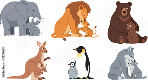 Parent animals with their young, wildlife family scene