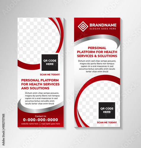 Health care and medical roll up banner design standee and banner template decoration for exhibition. vertical layout poster design with example of headline is personal platform for health services