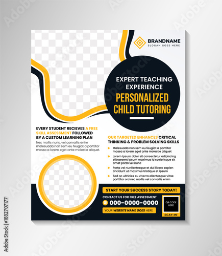 A flyer for personalized child tutoring, expert teaching experience. vertical layout background with infographic and photo space element. combination yellow and black colos element isolated on white