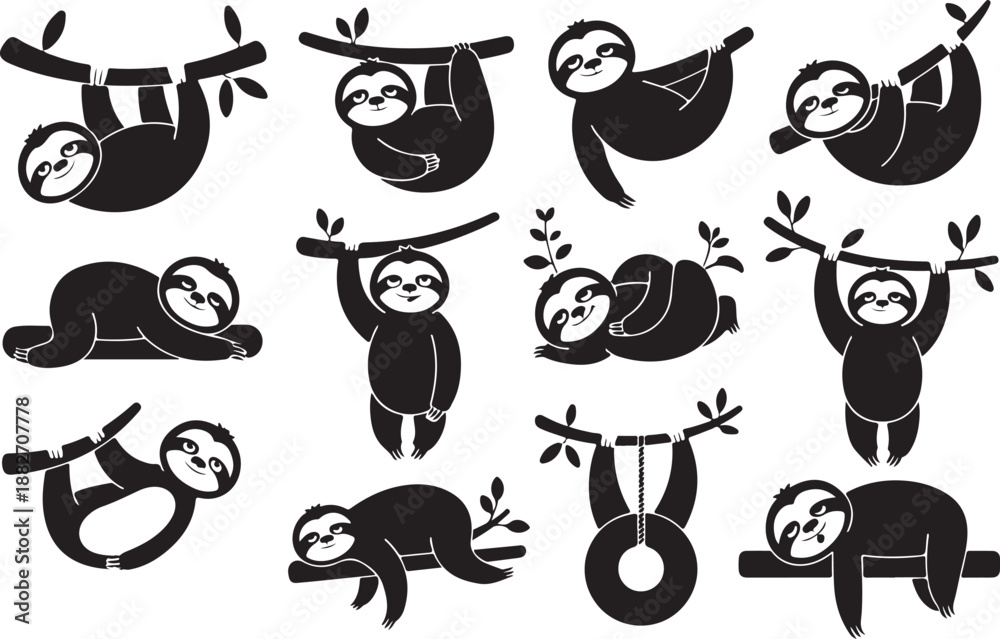 Fototapeta premium Set of Cute cartoon sloth silhouette vector graphic design. hand drawn baby sloth sleeping characters hanging on the tree. Illustration for nursery design, poster, greeting, birthday card, baby shower