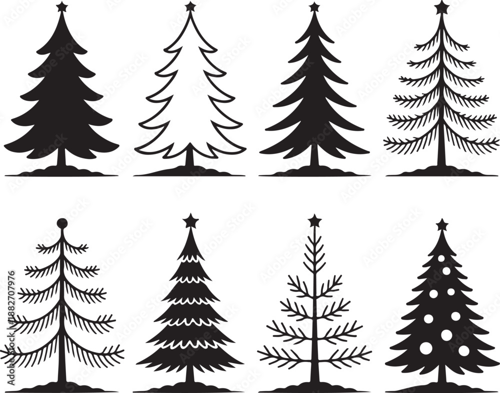 Fototapeta premium Set of four stylized hand drawn christmas trees with stars on top in black and white sketch style
