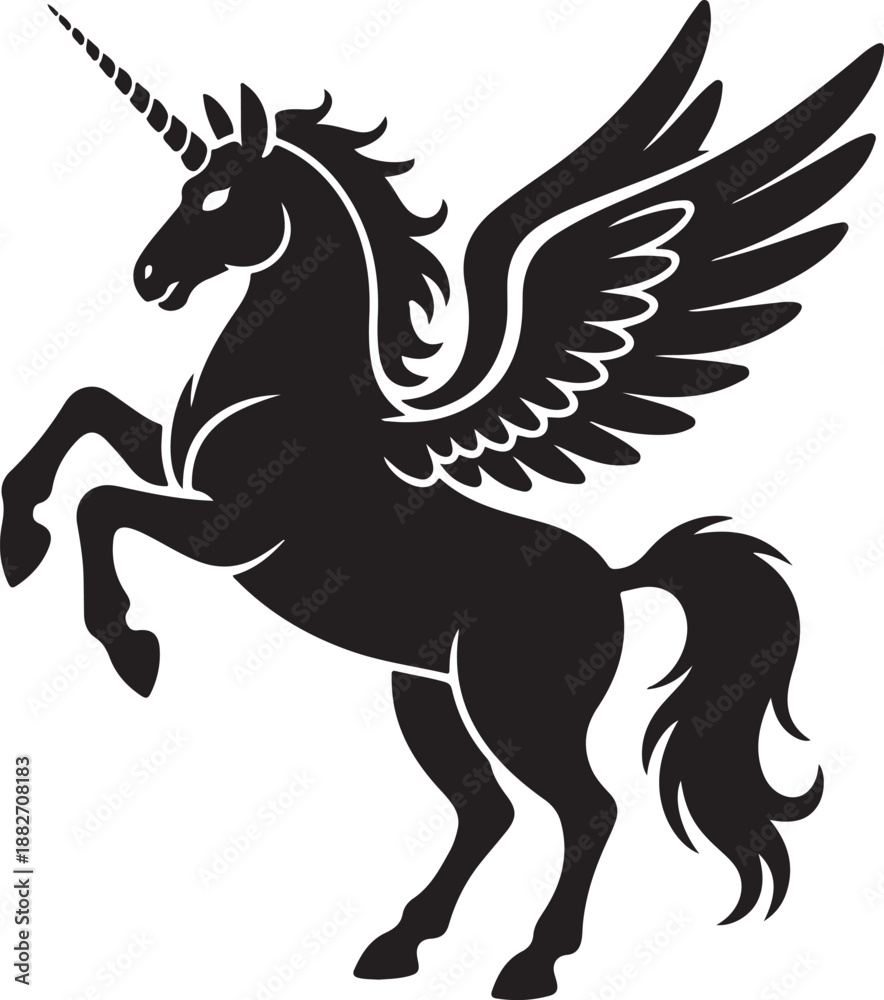 Fototapeta premium Silhouette of a unicorn with wings. Black silhouette on a white background. Element for creating design and decoration