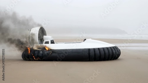 A military hovercraft sits on a beach with smoke coming from its engine. The weather is cloudy and overcast. The craft is mainly white with a black skirt