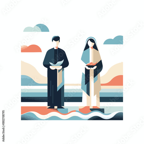 ceremonial offering scene with colorful flat vector characters