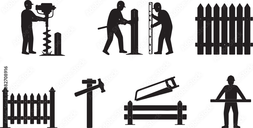 Obraz premium 6 Black Solid Fence Builder Silhouettes Set on White Background