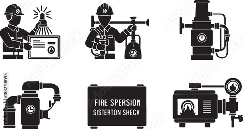 6 Black Solid Fire Suppression Check Silhouettes Set on White Background