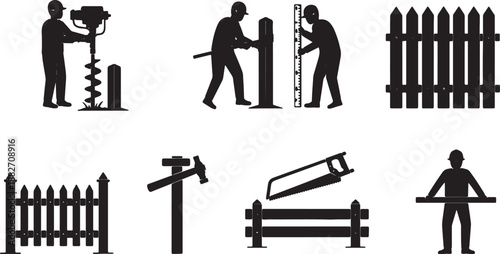 6 Black Solid Fence Builder Silhouettes Set on White Background