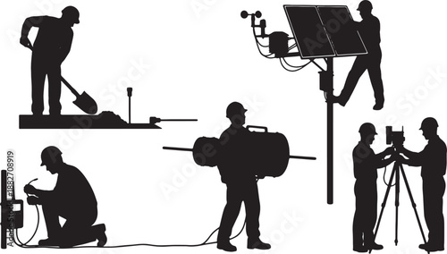 5 Black Solid Silhouettes of Ag-Tech Sensor Installation