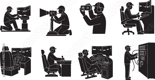 6 Black Solid Flight Simulator Technician Silhouettes Set on White Background