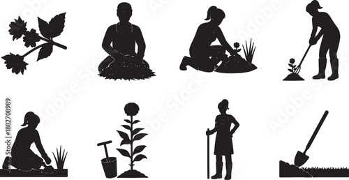 6 Black Solid Flower Bed Silhouettes Set on White Background