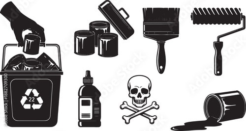 5 Black Solid Hazardous Waste Silhouettes Set on White Background