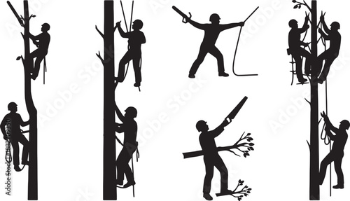 6 Black Solid Tree Pruning Silhouettes Set on White Background