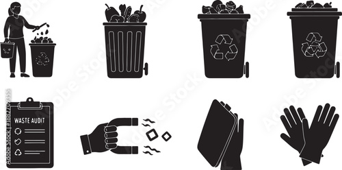 6 Black Solid Home Waste Sorting Silhouettes Set on White Background