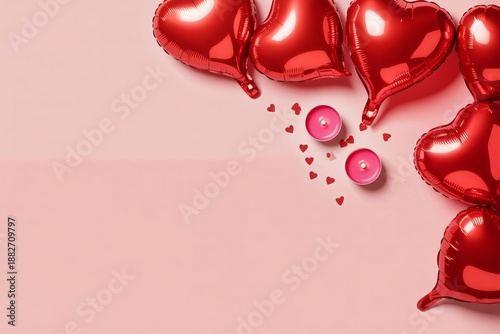 Red Foil Heart Balloons and Rose Petals on Pink Background - Romantic Luxury Flat Lay for Valentine Day Card and Celebration