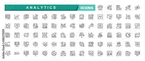 Analytics line icons collection. Big Data Analytics icon set in a flat design. Vector illustration. Line icon set. Thin outline icons pack. Included analysis, data research, information and more.