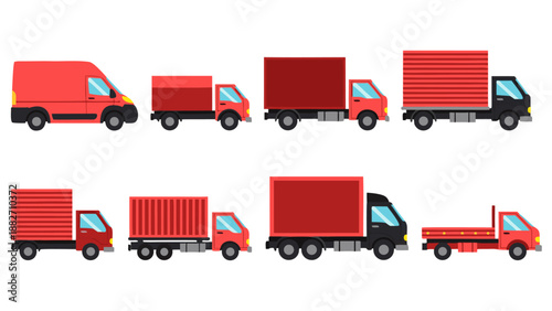 Set of red trucks vector illustration, logistic and delivery vehicle icons for cargo and transport