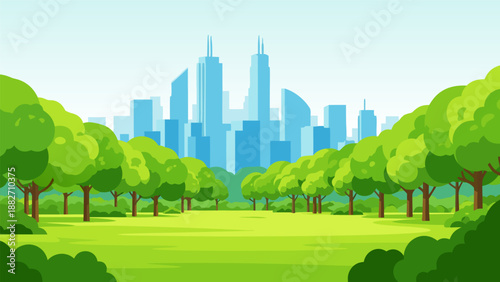 Vibrant green park with a distant cityscape, vector illustration