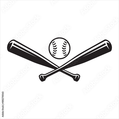 Monochrome two crossed baseball bats, icon sports tool. Vector illustration, isolated on white background. Simple shape for design logo, emblem, symbol, sign, badge, label, stamp.