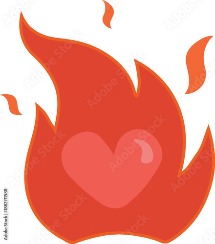 A vibrant red and orange stylized fire flame surrounding a pink heart. Minimalist vector graphic representing passion, burning love, intense emotion, or energetic romance.