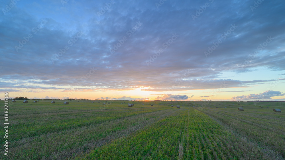 Obraz premium A Beautiful Sunrise Over Lush and Expansive Green Fields in Natures Splendor and Harmony