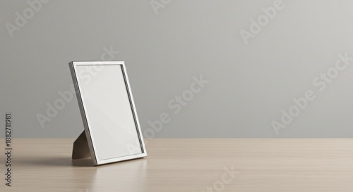 Blank photo frame on wooden table against gray wall