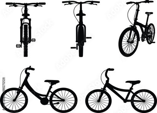 Mountain bike and bicycle silhouette vector set, cycling transportation icons for outdoor sports and active lifestyle