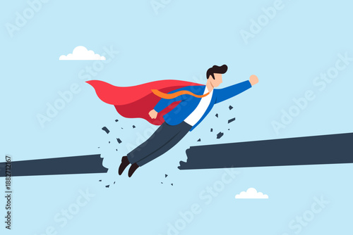 Flat illustration of businessman flying and breaking through barrier line with superhero cape symbolizing breakthrough success overcoming obstacles career growth and leadership confidence