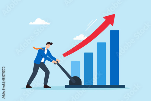 Flat illustration of businessman activating lever to boost rising bar chart symbolizing business growth acceleration performance improvement and strategic momentum