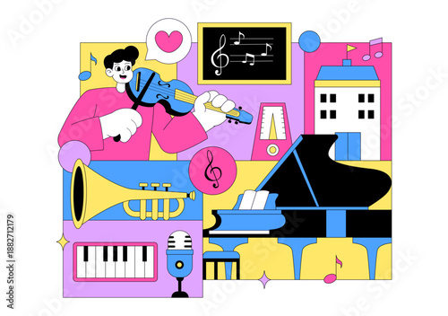 Music School Illustration Featuring Various Musical Instruments, Music Education Learning, And Performance Activities by Musicians and Singers