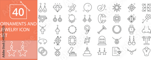 40 Ornaments and Jewellery Icons Set Featuring Luxury Rings, Necklaces, Earrings, Bracelets, Pendants, Gemstones, Gold and Silver Accessories, Traditional and Modern Designs and  Fashion Adornments.