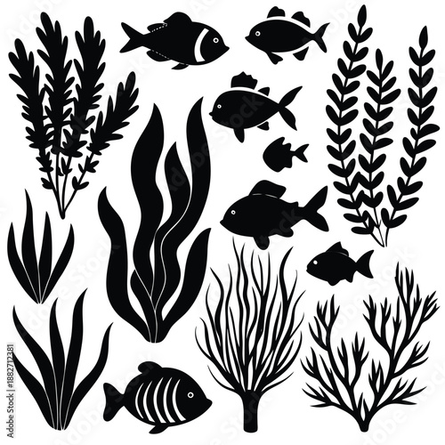Underwater Sea Life Silhouettes: Fish & Aquatic Plants Vector Set