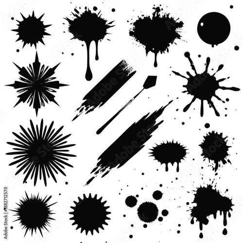 Black paint splatters and brush strokes on white background