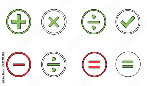 Thin line math symbols and checkmark vector icon set isolated on transparent background