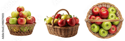 Set of fresh red and green apples in rustic wicker baskets isolated on white background.