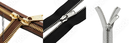 Set of high-quality metal and plastic zippers in various colors including black, brown and silver isolated on white background.